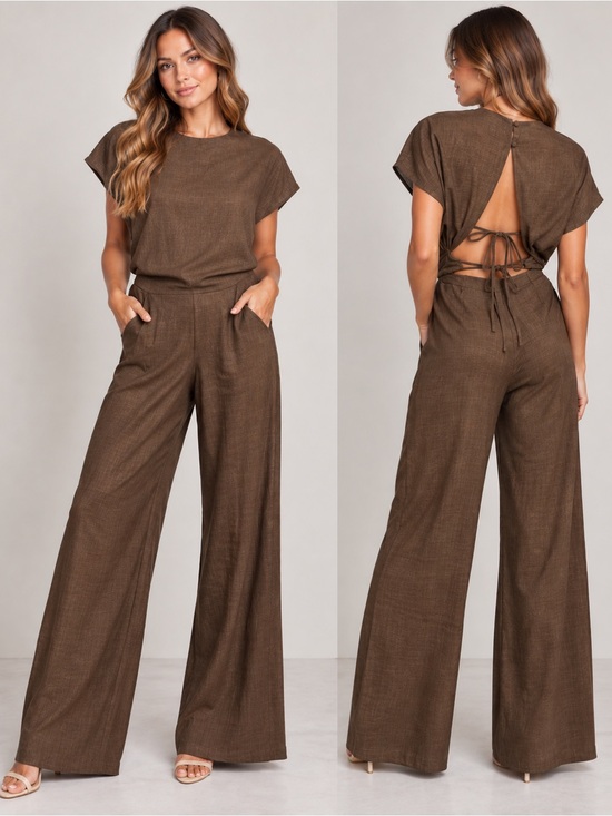 Klesis Pants - Klesis Brown Wide Leg Open Back Tie Jumpsuit Size M NWT